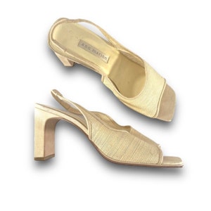ANN MARINO Beige Linen-Like Square Toe & Heels Sling Backs/Vintage 1990s
