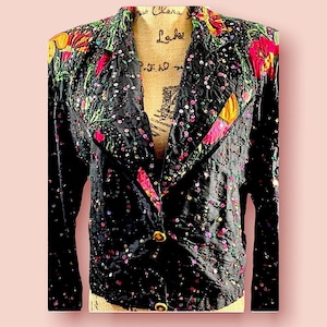 GORGEOUS Black Silk Blazer with Pink & Orange Floral Appliqué, Beading and Sequins/Gold Tone Buttons