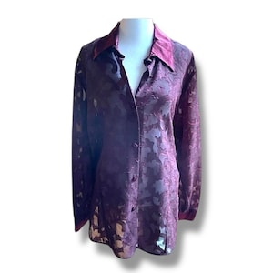 HILLARD & HANSON Sheer Plum Lacy Floral Blouse L