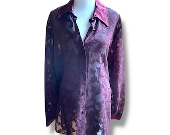 HILLARD & HANSON - Doorschijnende pruimkleurige blouse met kanten bloemenprint L