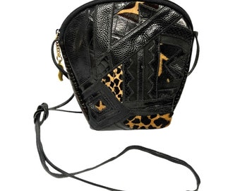 SHARIF CHEETAH Reptile calf fur embossed black crossbody patchwork bag