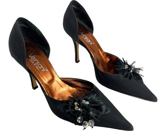 VERSANI Black Pointy Heels feather and Jewel embellished 6