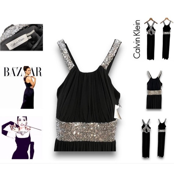 CALVIN KLEIN Black Halter Evening Gown With Silver Sequin Embellishment new With Tags Etsy
