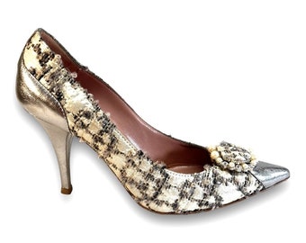 MOSCHINO Tweed & Silver leather with Rhinestone Pearl Accents  on Toe 6