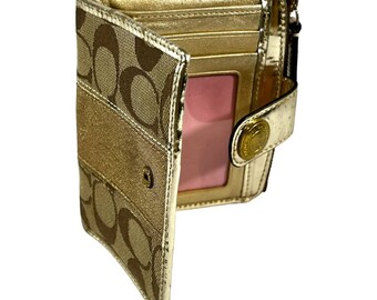 COACH Metallic Gold Brown Jacquard Signature Wallet with pink Satin interior