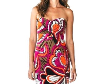 Vestido de cóctel sin tirantes DAVID MEISTER con estampado abstracto en rosa fucsia, naranja y negro, talla 6