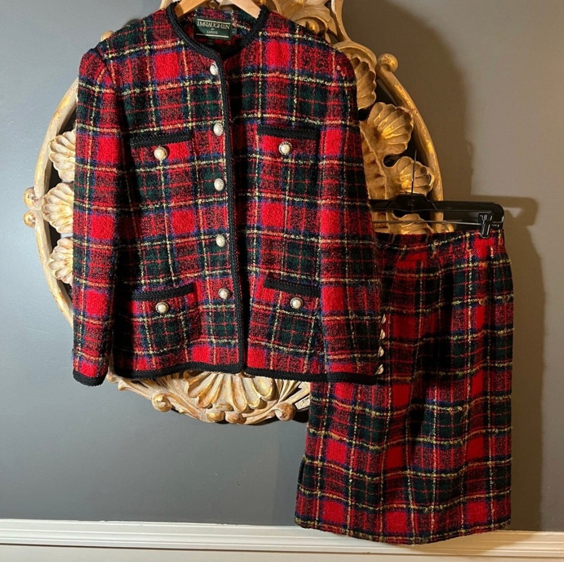 Retro Red Plaid Suit Skirt Set-Up