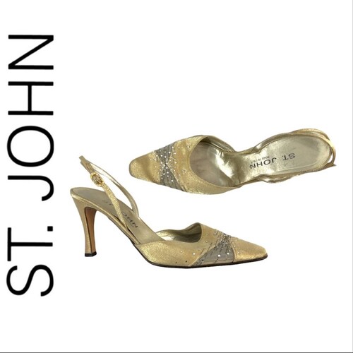 ST shops JOHN Gold Metallic Jewel Embellished Evening sling back Heels 8.5B