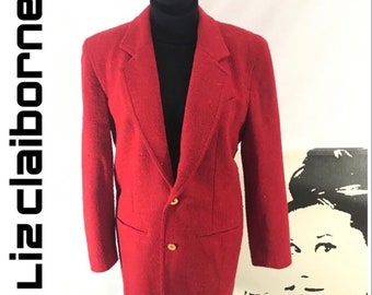 LIZ CLAIBORNE VINTAGE anni '80 Blazer lungo rosso con macchie multicolori e spalline 10