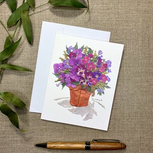 Carte de fleur pressée | Plante de jardin | Botaniques pressées | Violets en pot | Carte faite à la main