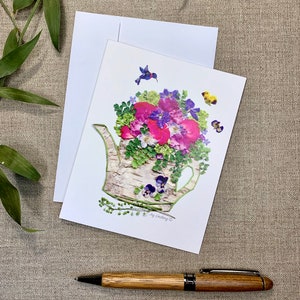 Pressed Flower Card | Overflowing Joy | Watering Can | Butterflies | Hummingbird | Botanical Art