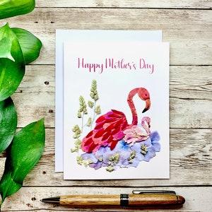 Flamingo Mère | Carte de la fête des Mères | Mère et bébé Flamingo | Flamants roses pressés |