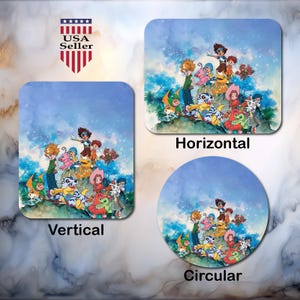 May include: Three Digimon-themed mousepads in vertical, horizontal, and circular shapes. Each features a colorful illustration of Digimon characters against a blue sky background. The text "USA Seller" is visible in the upper left corner.