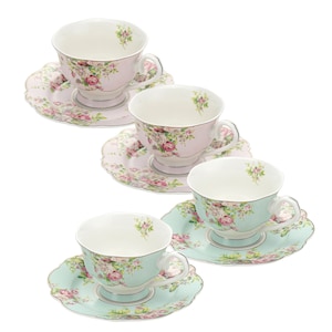 PULCHRITUDIE Fine China Tea Cup and Saucer Set, Pink Azalea, Golden Rim, Set of Four