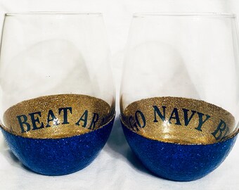 Go Navy Beat Army Stemless Wine Glass / Peekaboo / Navy / Wine Glass