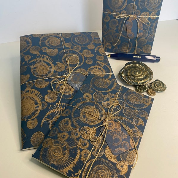 Hand printed Ammonite Fossil A5 note book, sketchbook