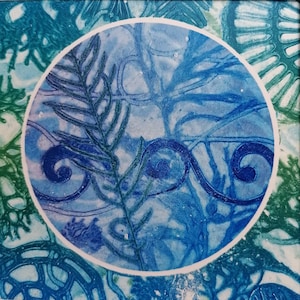 May include: Abstract art print with a blue and green color scheme. The print features a circular design with a fern leaf and swirling patterns.