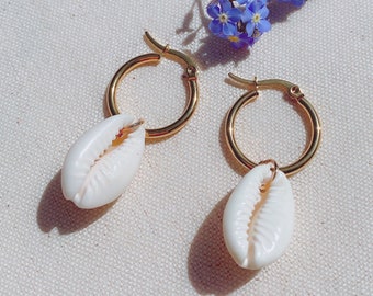Shell Hoop Earrings, Gold Plated Stainless Steel, Natural Cowries
