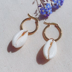 Shell Hoop Earrings, Gold Plated Stainless Steel, Natural Cowries