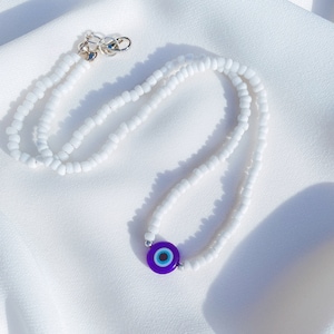 White Beaded Glass Evil Eye Necklace, Nazar Necklace, Dark Blue Glass Evil Eye Necklace, Handmade, Gift For Her