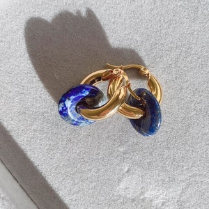 Chunky Gold Hoop Earrings With Lapis Lazuli Rondelles, Semi Precious Stone