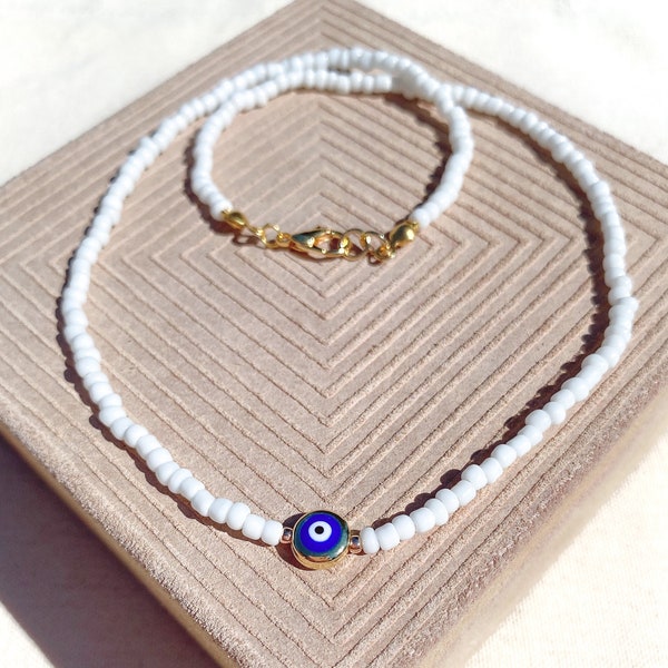 Gold Evil Eye Necklace, Nazar Necklace, White Beaded, Minimal Necklaces, Lucky Evil Eye, Handmade