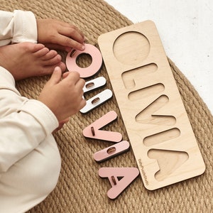 Personalized Name Puzzle with Pegs, Baby Gift, 1st Birthday Kid Gift, Pastel Jigsaw Puzzles for Toddlers First Christmas Baby