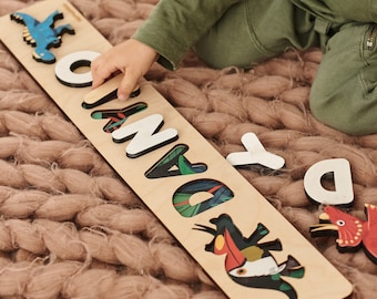 Dinosaur Design Puzzel Naam Montessori Speelgoed Gepersonaliseerde houten speelgoed voor peuters 1e verjaardag Baby Boy Kids Gift Gepersonaliseerde Decor