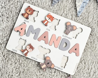 Personalized Name Puzzle: Montessori Toy with Animals, Nursery Decor