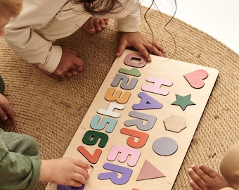 Busy Board Personalized Name Wooden Sign Newborn Puzzle with Shapes Numbers and Figures Montessori Toys - Kids Gifts