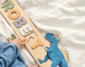 Quebra-cabeça personalizado com nome de dinossauro: brinquedo de madeira Montessori, decoração de berçário