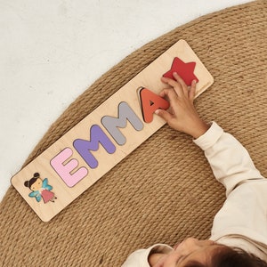 Easter Kids Gift, Pastel Wooden Name Puzzle - Baby Shower Gift for Kids - Montessori Toys, Nursery Decor, JigSaw Puzzle with Shapes
