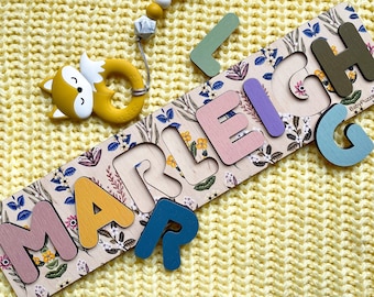 Personalized Baby Name Puzzle, Newborn Gift, Floral Girl, Wooden Kids Toys, Nursery Decor with Flowers for Little Girl, First Birthday Gift