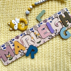 Personalized Baby Name Puzzle, Newborn Gift, Floral Girl, Wooden Kids Toys, Nursery Decor with Flowers for Little Girl, First Birthday Gift