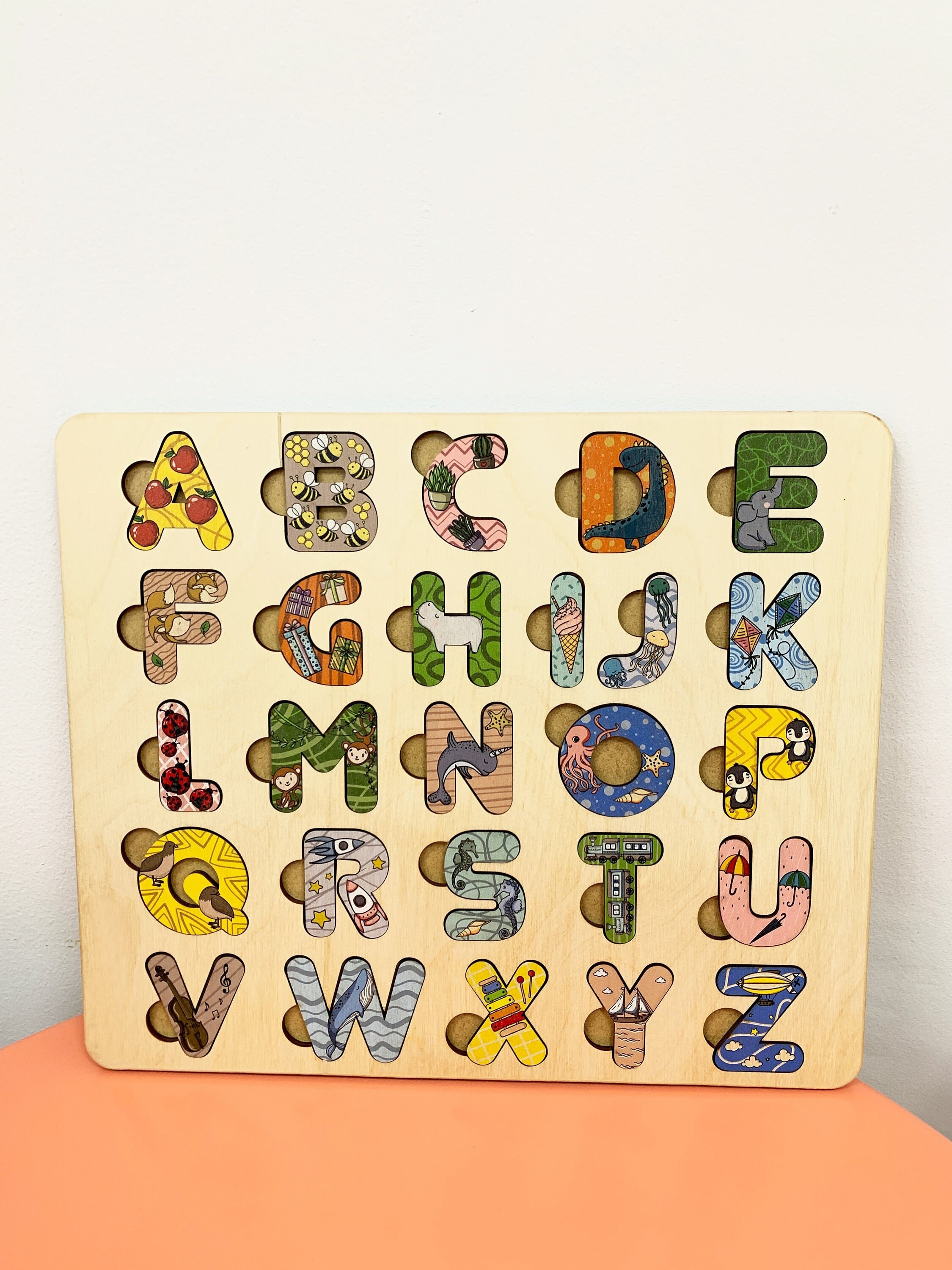 Alphabet Wooden Puzzle, ABC Montessori Puzzle Board, Learning Words,  Preschool Educational Game 