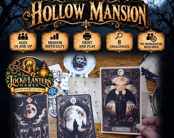 May include: Escape From Hollow Mansion print and play game kit featuring Lock & Lantern Games branding, eight challenges, and medium difficulty. Includes illustrated cards with Halloween themes, a moon, a mansion, and a figure with wings.