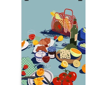 tablescape picnic // still life illustration // blue poster