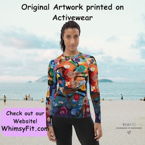 Whimsy Fit Women’s Colorful Rash Guard – Long Sleeve SPF 50+ Swim Shirt for Surfing, Yoga, Activewear & Sun Protection Surf Swimsuit Top