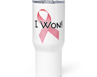 Breast Cancer Survivor Insulated Thermos - Pink Ribbon Coffee Travel mug w/ Handle and Lid "I Won!" 25oz Travel Mug Gift for Cancer Survivor