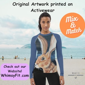 Bunny Rabbit Womens Rash Guard Colorful Long Sleeve Swim Shirt SPF 50 Sun Protection Unique Surf Swimsuit Yoga Wear Activewear Beach Shirt