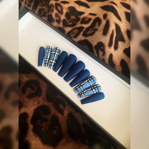 BACK TO PLAID - Blue, Purple, or Pink Matte Gel Polish with hand painted plaid accent nails - Fall Nails - Custom Press On Nails Set