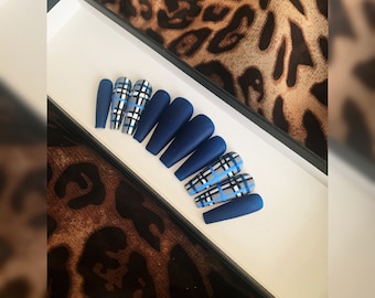 BACK TO PLAID - Blue, Purple, or Pink Matte Gel Polish with hand painted plaid accent nails - Fall Nails - Custom Press On Nails Set