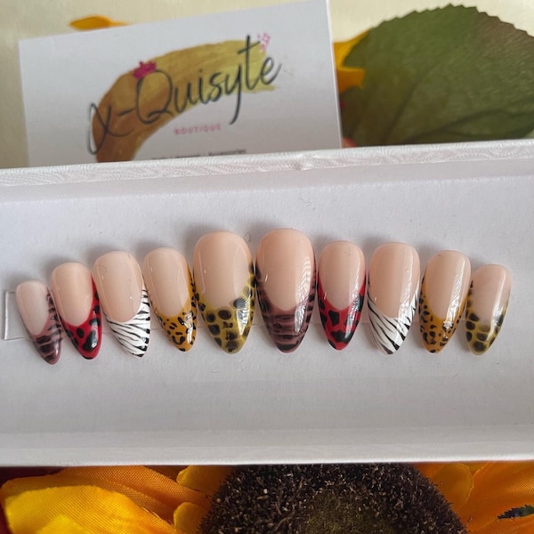 SAFARI - Matte or Glossy - hand painted zebra, leopard, cheetah, zebra, crocodile designs - French tip - press on nails