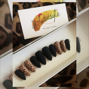 SLAY WILD - Black Matte and Beige Gel Polish with Cheetah - Leopard hand painted designs with gold glitter accents - Custom Press On Nails