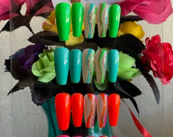 TASTE THE RAINBOW ~ Spring into Summer with your neon faves ~ Glossy or Matte finish ~ Hand painted nail art accents ~ Press On Nails