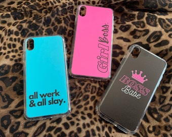 Custom Designed Cell Phone Cases iPhone/Samsung - Pink, blue, black | Girl Boss | All werk & all slay I Boss Babe - with Rhinestone accents