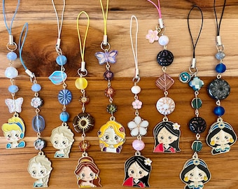 Princesses, Phone Charm, Phone Accessory, Cell Phone Accessory, Beaded Charms, Happy, Anime Princesses, Flower, For Her, Gift for Them