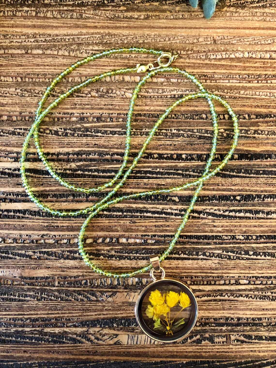 Yellow Dried Flower Seed Bead Necklace Green Seed Bead Etsy