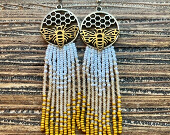 Zoet als honing, Bee thema, Bumble Bee, Bee Keepers Seed Bead Oorbellen, Fringe Oorbellen, Bee Oorbellen, Schouder Poetsdoeken, Cadeaus voor haar