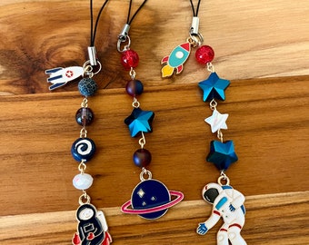 Space Themed, Astronauts, Phone Charm, Phone Accessory, Cell Phone Accessory, Beaded Charms, Happy, Stars, Space Ship, Gift for Them